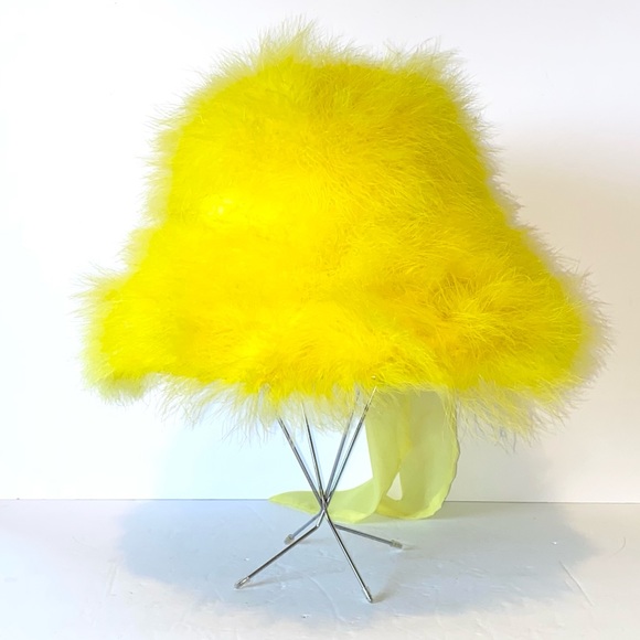 Vintage 1960s Happy Cappers Marabou Feather MCM Retro Mod Straw Hat - Yellow - Picture 3 of 10